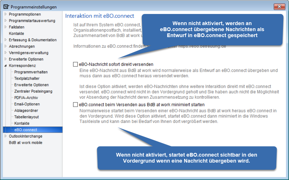 Optionen für die Zusammenarbeit von eBO.connect und BdB at work